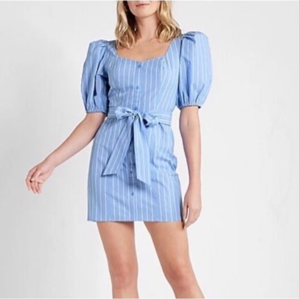 Express Blue Stripped Puff Sleeve Belted Mini Dress. Size XL
